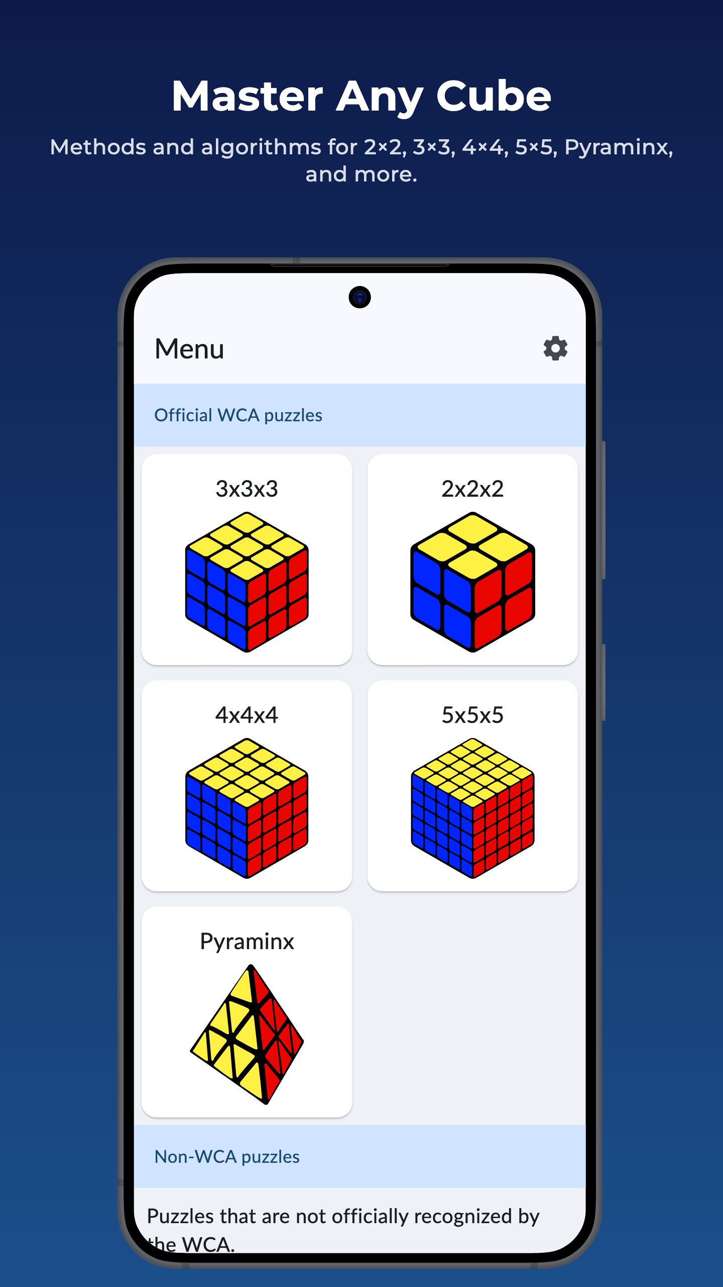 CubeGuide’s puzzle menu with 3×3, 2×2, 4×4, 5×5, and Pyraminx